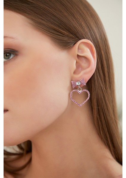 Kadın Pembe Papyon Kalp Model Kristal Zirkon Taşlı Günlük Küpe Modeli Abiye Elbise Sevgililer Günü