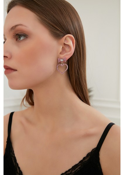 Kadın Pembe Papyon Kalp Model Kristal Zirkon Taşlı Günlük Küpe Modeli Abiye Elbise Sevgililer Günü