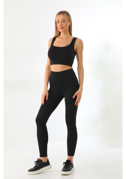 Siyah Spor Fitilli Crop-Tayt Takım