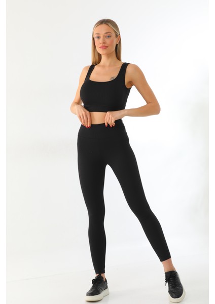 Siyah Yüksek Bel Toparlayıcı Fitilli Spor Tayt ve Crop Takım