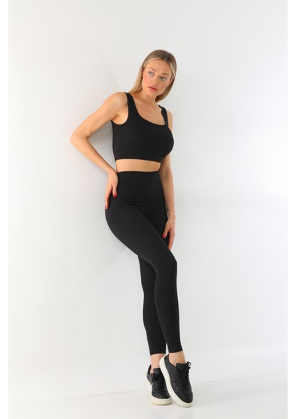 Siyah Yüksek Bel Toparlayıcı Fitilli Spor Tayt ve Crop Takım