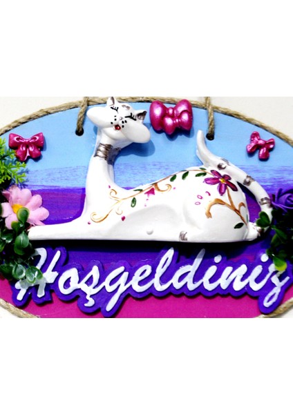 Kedi Figürlü Hoşgeldiniz Yazılı El Boyaması Renkli Kapı Süsü modelleri