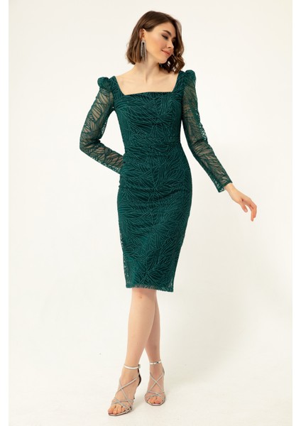 Kadın Zümrüt Yeşili Kare Yaka Simli Midi Abiye Elbise fiyatları