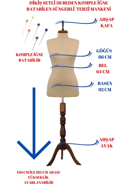 Dikiş Setli Sünger Iğne Batabilen 36 Beden Terzi Mankeni Prova Mankeni fiyatları