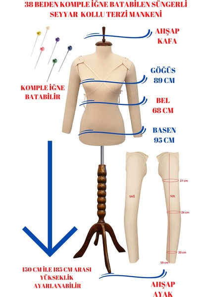 Dikiş Seti Seyyar Kollu 38 Beden Sünger Iğne Batabilen Terzi Mankeni Prova Mankeni fiyatları