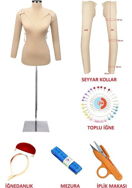 Dikiş Seti Seyyar Kollu 38 Beden Sünger Iğne Batabilen Terzi Mankeni Prova Mankeni