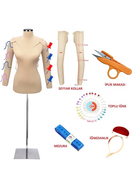 Dikiş Seti Seyyar Kollu 38 Beden Sünger Iğne Batabilen Terzi Mankeni Prova Mankeni modelleri