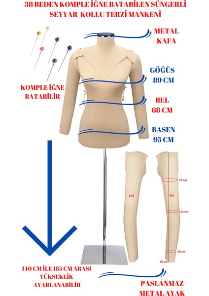 Dikiş Seti Seyyar Kollu 38 Beden Sünger Iğne Batabilen Terzi Mankeni Prova Mankeni fırsatları