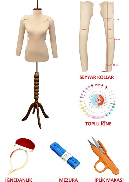 Dikiş Seti Seyyar Kollu 36 Beden Sünger Iğne Batabilen Terzi Mankeni Prova Mankeni