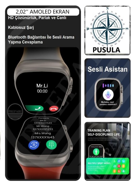 Watch 8 Ultra Pro Max Amoled 49MM 2,02 Inç Ekran Pusula Vidalı Kilitli Çift Kordon Akıllı Saat