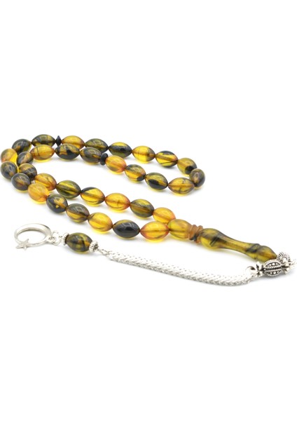 Kaplama Kamçılı Beyzi Kesim Sarı Siyah Sıkma Kehribar Tesbih