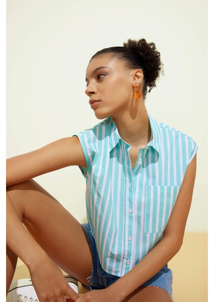 Coool Crop Top Çizgili Poplin Kolsuz %100 Pamuk Gömlek A6862AX23SM