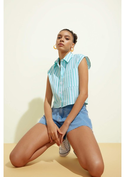 Coool Crop Top Çizgili Poplin Kolsuz %100 Pamuk Gömlek A6862AX23SM modelleri