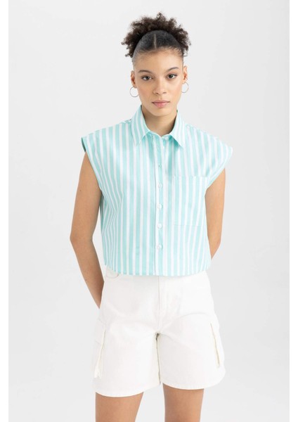 Coool Crop Top Çizgili Poplin Kolsuz %100 Pamuk Gömlek A6862AX23SM fırsatları