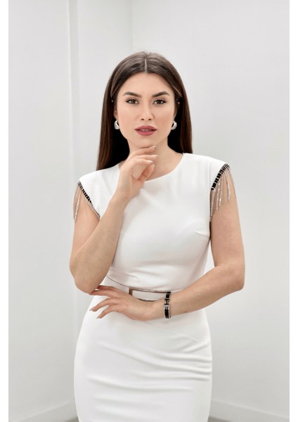 Krep Kumaş Omuz Püsküllü Kalem Abiye Elbise - Beyaz modelleri