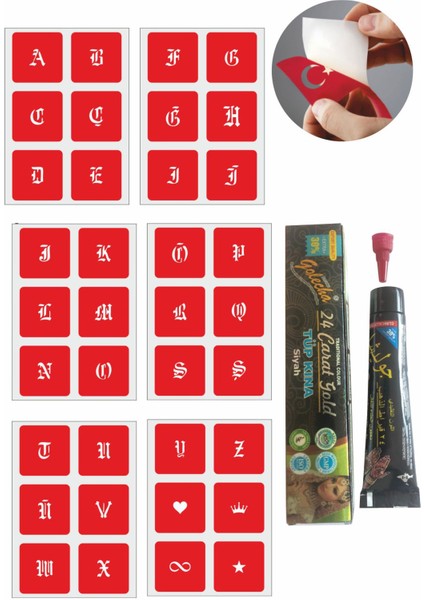 Kare Gotik Harfler Hint Kınası ile Geçici Dövme Yapma Seti
