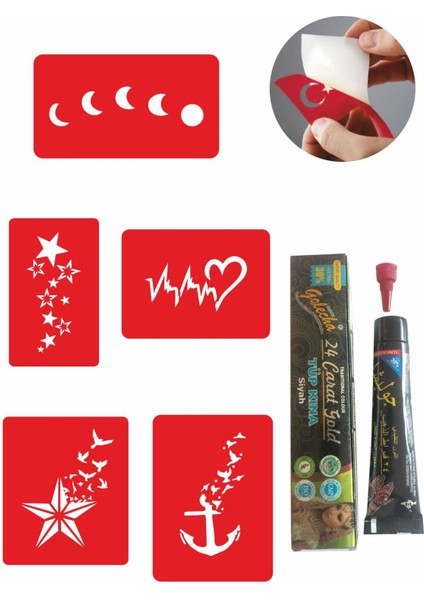 Kalp ve Yıldız Desenleri Hint Kınası ile Geçici Dövme Yapma Seti