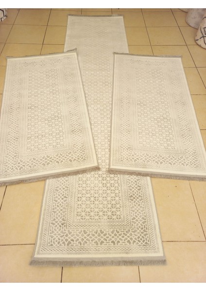%100 Akrilik Iplik Modern Tarzda 3 Lü Set Gri Beyaz Dokuma Saçaklı Yatak Odası Halısı 4214