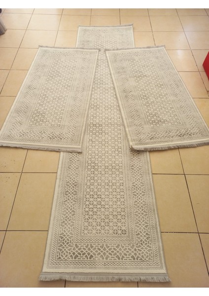 %100 Akrilik Iplik Modern Tarzda 3 Lü Set Gri Beyaz Dokuma Saçaklı Yatak Odası Halısı 4214
