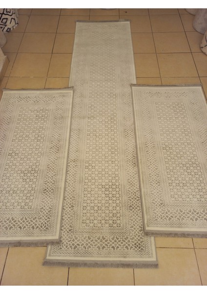 %100 Akrilik Iplik Modern Tarzda 3 Lü Set Gri Beyaz Dokuma Saçaklı Yatak Odası Halısı 4214