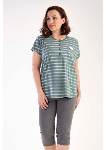 Kadın Büyük Beden Kısa Kol Kaprili Pijama Takım