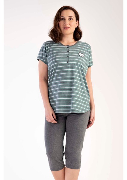 Kadın Büyük Beden Kısa Kol Kaprili Pijama Takım