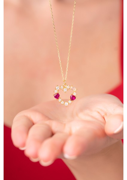 925 Ayar Gold Pembe Zirkon Taşlı Kalpli Aşk Kolyesi