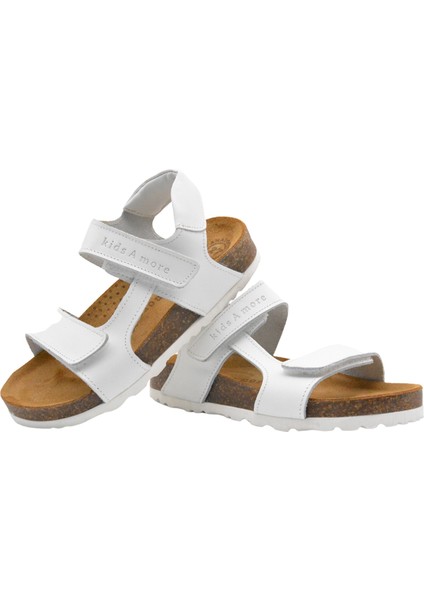 Zoey Çift Cırtlı Deri Unisex Çocuk Sandalet Beyaz