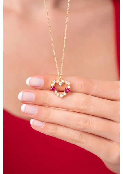 925 Ayar Gold Pembe Zirkon Taşlı Kalpli Aşk Kolyesi modelleri