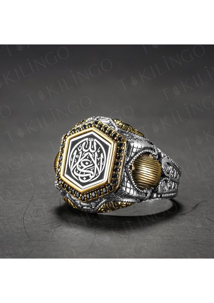 925 Ayar Gümüş La Galibe Illallah Yazılı Zirkon Taşlı Şehzade Kasa Erkek Yüzük