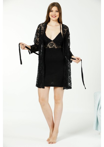 Lingerie Özel Kutulu Dantelli Kuşaklı Sabahlıklı Sırt Detaylı Gecelik Takımı
