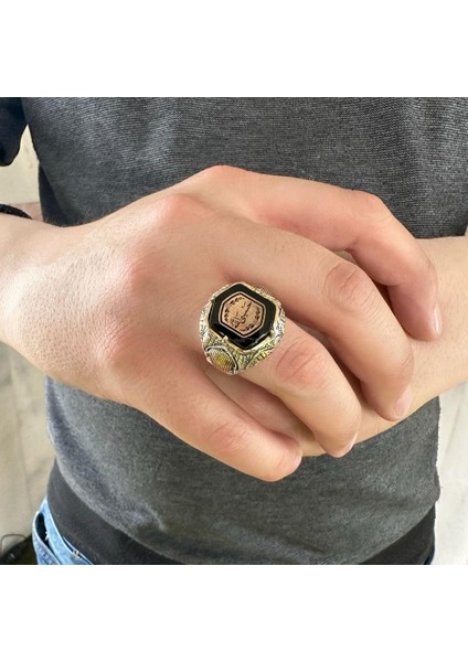 925 Ayar Gümüş Hasbiyallah Yazılı Kehribar Taşlı Şehzade Kasa Erkek Yüzük modelleri