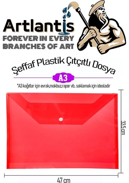 A3 Çıtçıtlı Dosya Kırmızı 1 Adet A-3 Çıt Çıtlı Zarf Dosya Transparan 47X33.5 cm Büyük Boy Çıtçıtlı Dosya