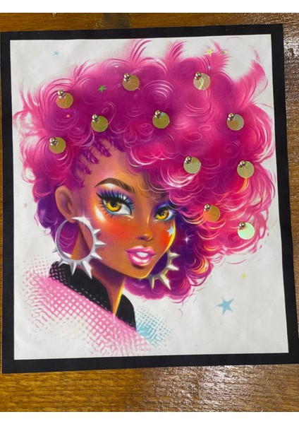 24X20 cm Kabartma Payetli Pembe Saşlı Kız Aplike Arma Yama Dikiş Hobi Giyim Aksesuarı
