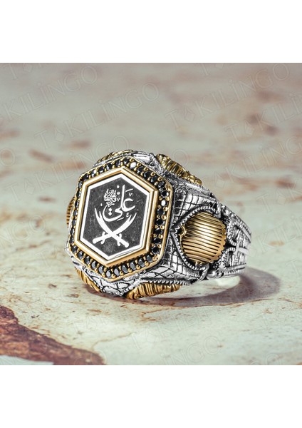 925 Ayar Gümüş Ya Ali Yazılı Zülfikar Tasarım Zirkon Taşlı Şehzade Kasa Erkek Yüzük