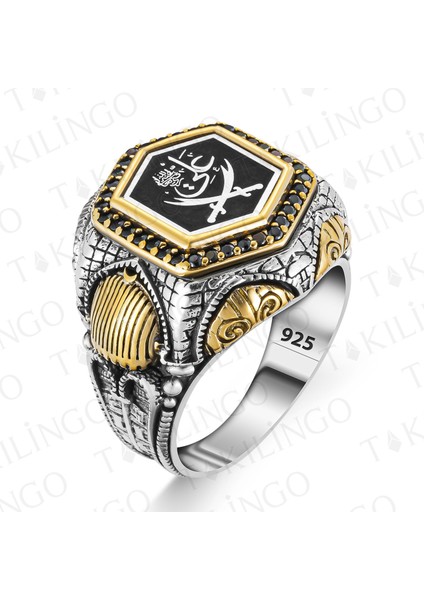 925 Ayar Gümüş Ya Ali Yazılı Zülfikar Tasarım Zirkon Taşlı Şehzade Kasa Erkek Yüzük fiyatları