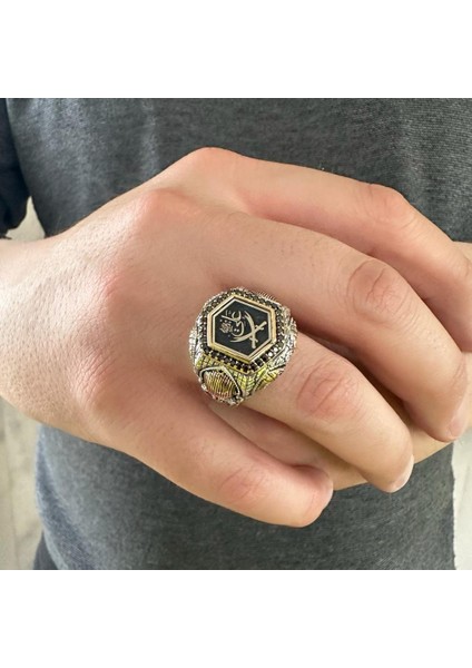 925 Ayar Gümüş Ya Ali Yazılı Zülfikar Tasarım Zirkon Taşlı Şehzade Kasa Erkek Yüzük modelleri