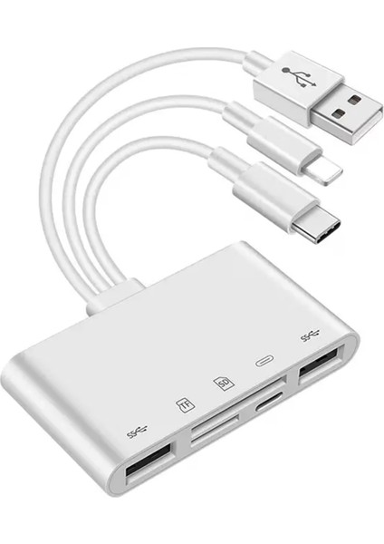 4702 USB 3.0 Type-C Lightning To Sd, Tf Otg Kart Okuyucu Çevirici Dönüştürücü Adaptör 5in1