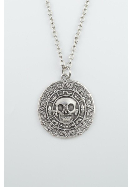 Karayip Korsanları Sikkesi - Parası Erkek Kadın Kolye Antik Gümüş Kaplama - 60 cm Düz Zincir