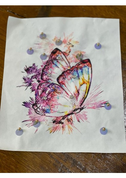 23X19 cm Kelebekli Payet ve Boncuklu Aplike Arma Yama Dikiş Hobi Aksesuarı