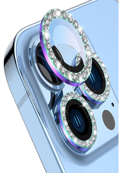 Apple iPhone 13 Pro ile Uyumlu Rainbow Taşlı Tasarım Temperli Cam Kamera Lens Koruyucu