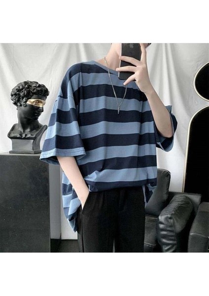 Harajuku Mavi Siyah Çizgili Oversize (Unisex) T-Shirt