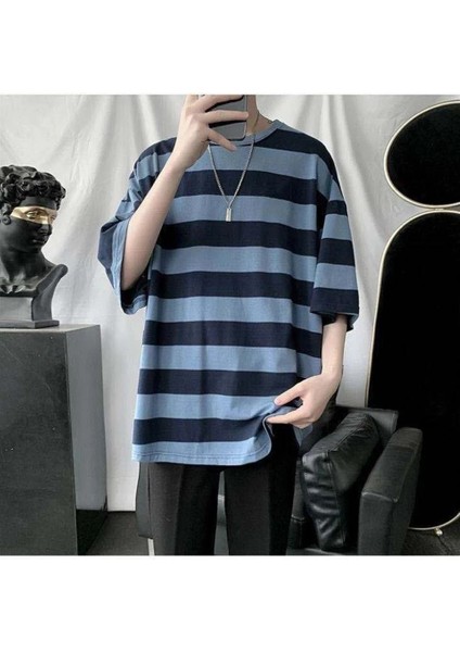 Harajuku Mavi Siyah Çizgili Oversize (Unisex) T-Shirt fiyatları