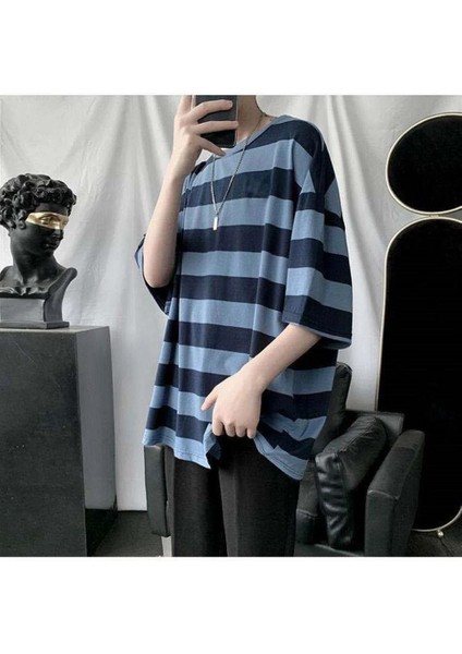 Harajuku Mavi Siyah Çizgili Oversize (Unisex) T-Shirt modelleri