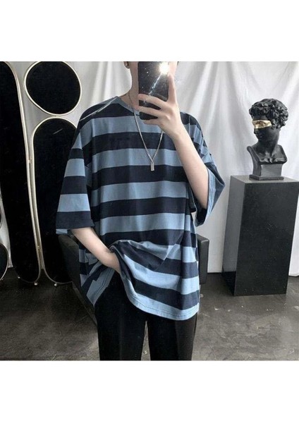 Harajuku Mavi Siyah Çizgili Oversize (Unisex) T-Shirt fırsatları