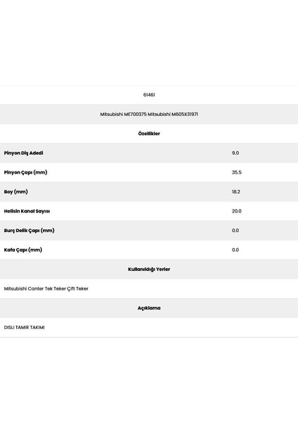 Canter 61461 20 Kanal 9 Diş ME700375 Marş Dişlisi fiyatları