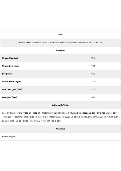 52857 Daf 10 Kanal 10 Diş 20062091 Marş Dişlisi fiyatları