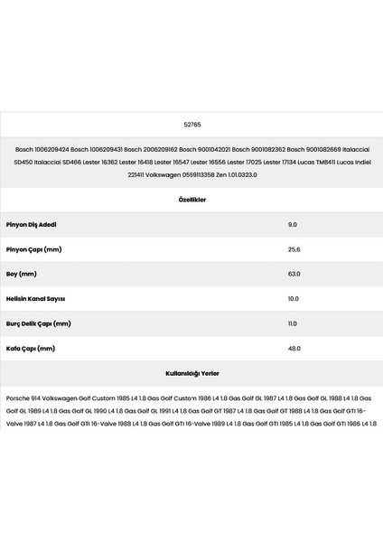 52765 Passat 10 Kanal 9 Diş 10062094 Marş Dişlisi fiyatları