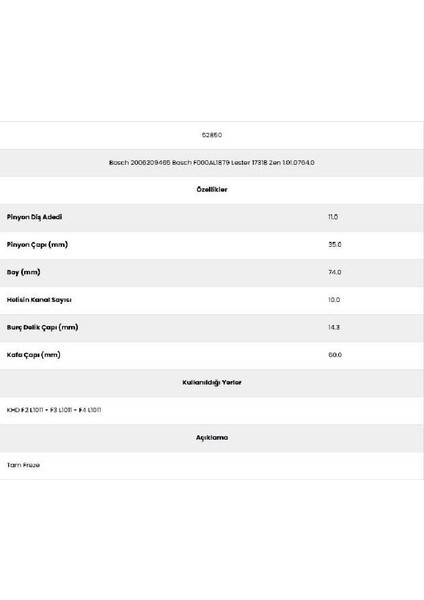 52850 Khd 10 Kanal 11 Diş 20062094 Marş Dişlisi fiyatları