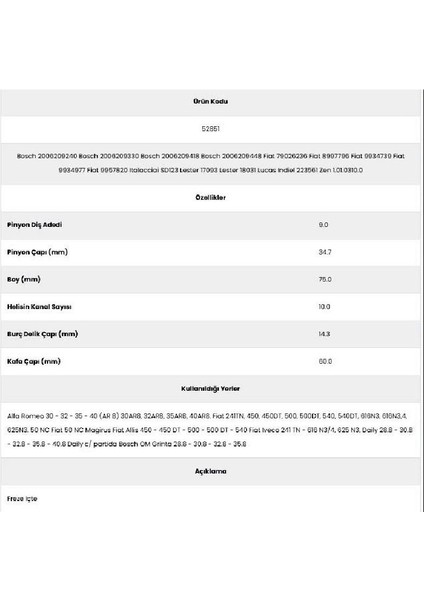 52851 Fiat 10 Kanal 9 Diş 20062092 Marş Dişlisi fiyatları